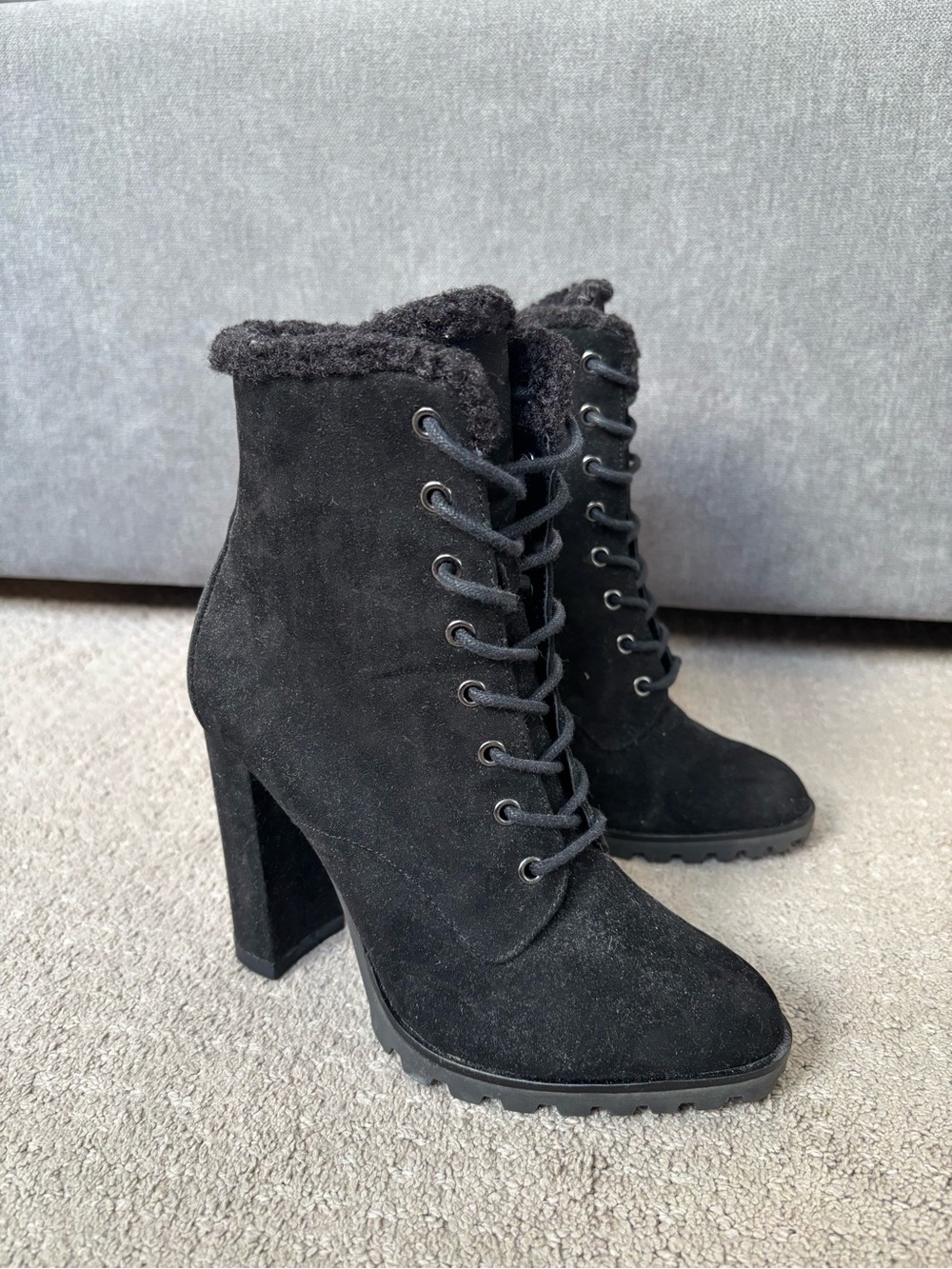 Aldo Black Suede Lace-Up Block Heel Ankle Boots